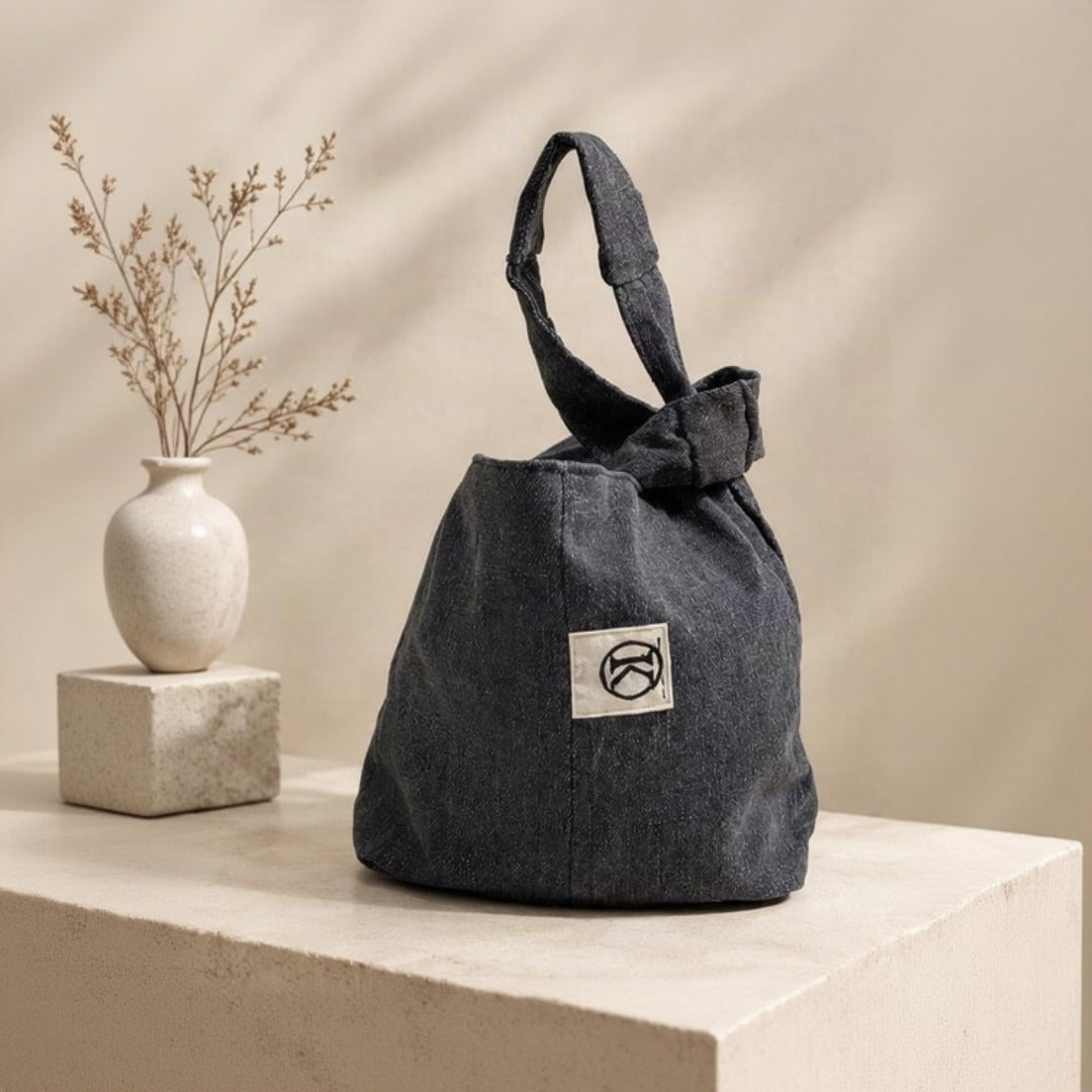Nerakcos Black Knot Handle Denim Bucket Bag - front view