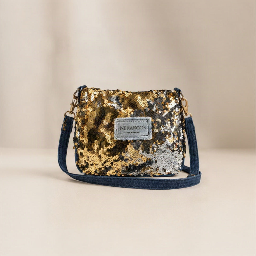 Nerakcos Gold Sequin Crossbody Bag - front view with denim Nerakcos label, beige studio background