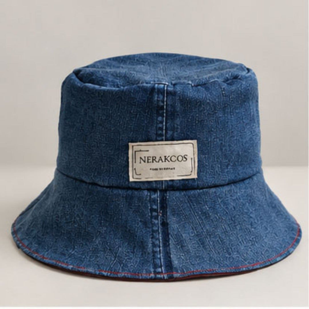 Nerakcos Blue Denim Bucket Hat front with leather patch