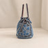 Nerakcos Denim Drawstring Bag - Front with peace signs and hearts embroidery