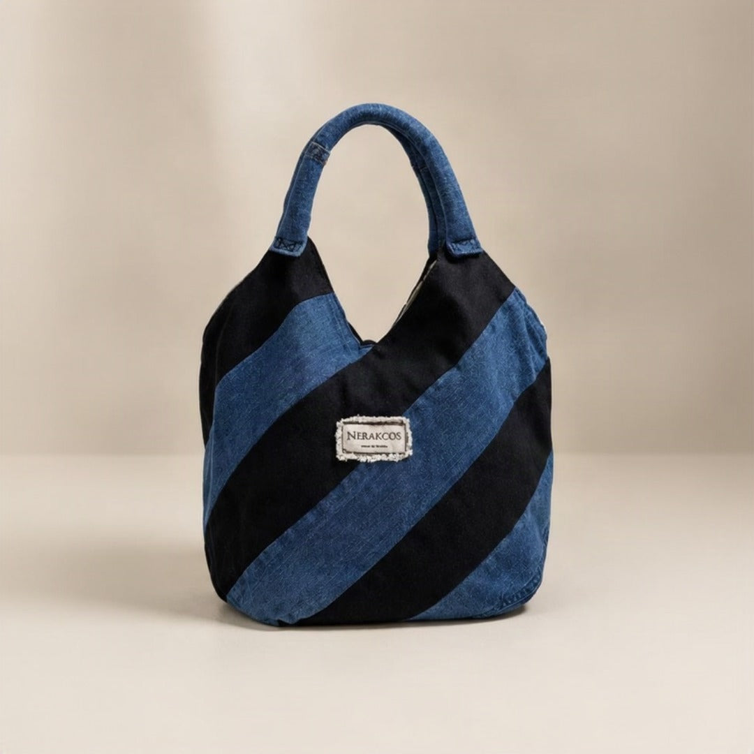 Nerakcos Upcycled Denim Stripe Hobo Bag - Front View