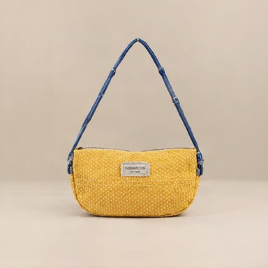 Nerakcos Yellow Bouclé Baguette Bag - angled 3/4 front view showing denim strap