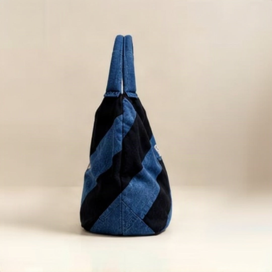 Nerakcos Upcycled Denim Stripe Hobo Bag - Side View