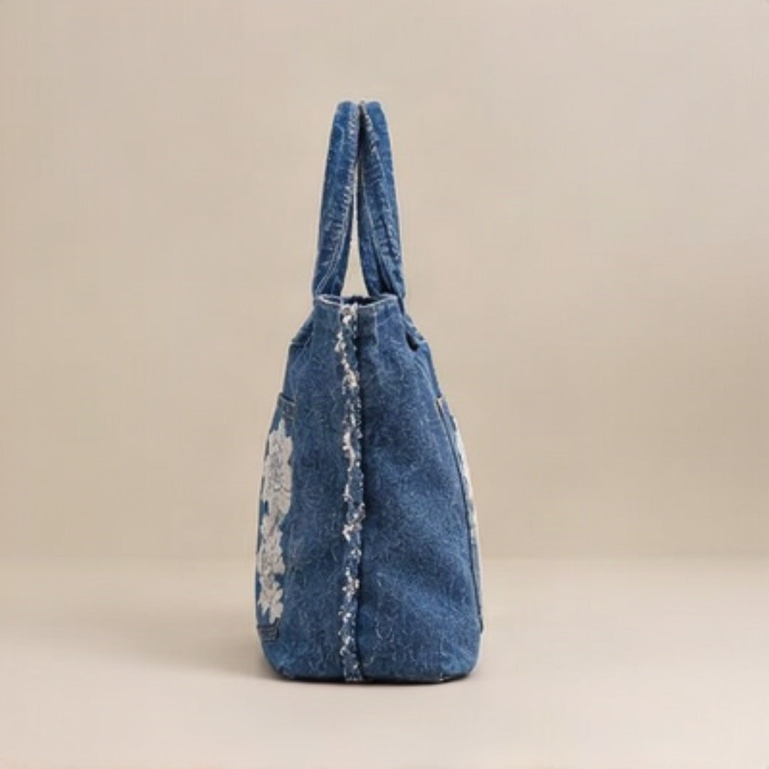 Nerakcos Lace Tote Bag - back view, clean denim with braided seams