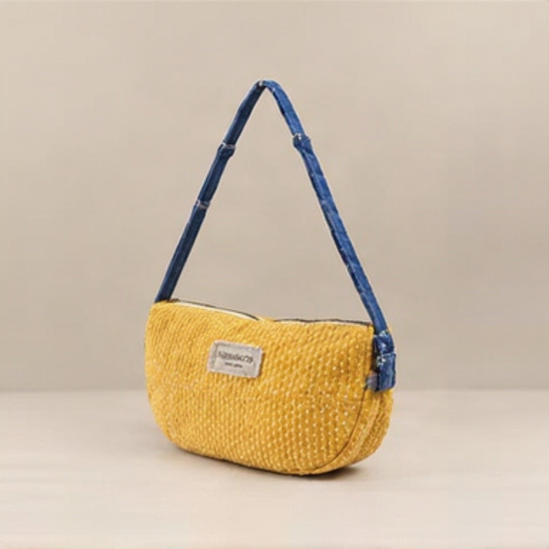 Nerakcos Yellow Bouclé Baguette Bag - side profile view showing slim silhouette
