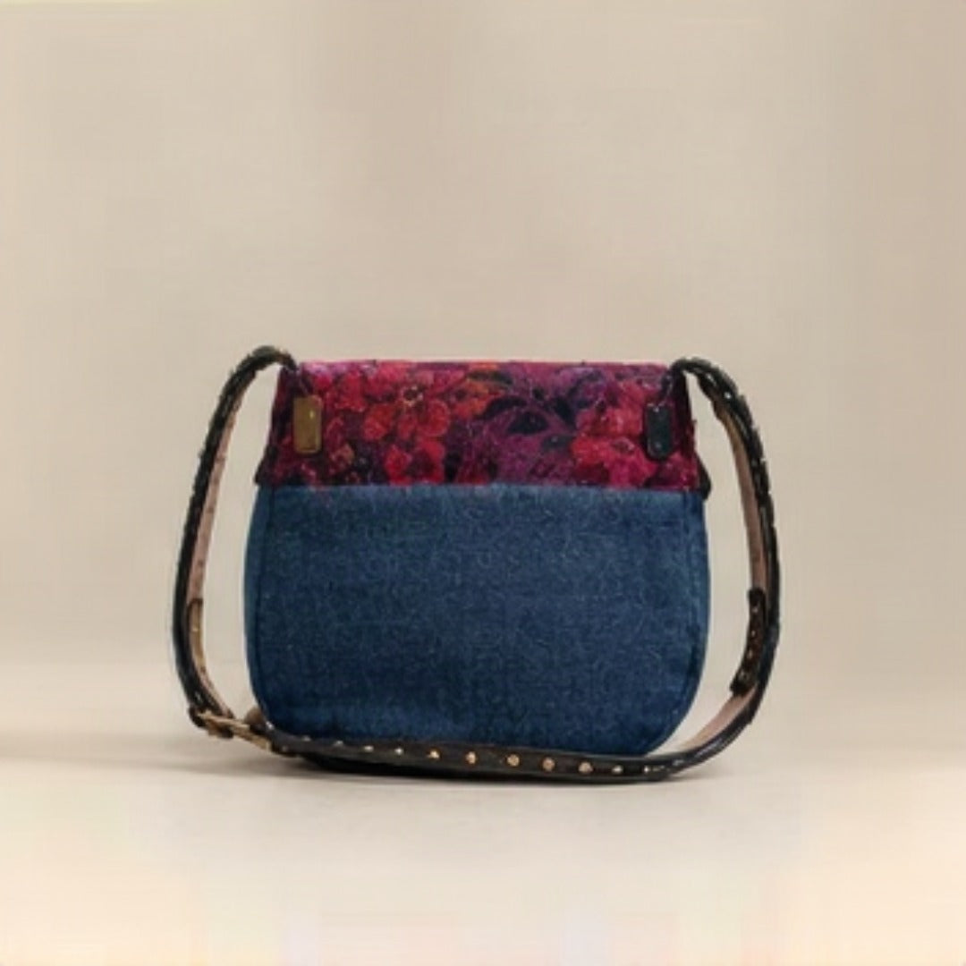Nerakcos Floral Brocade Denim Saddle Bag - angled front view showing full floral brocade flap