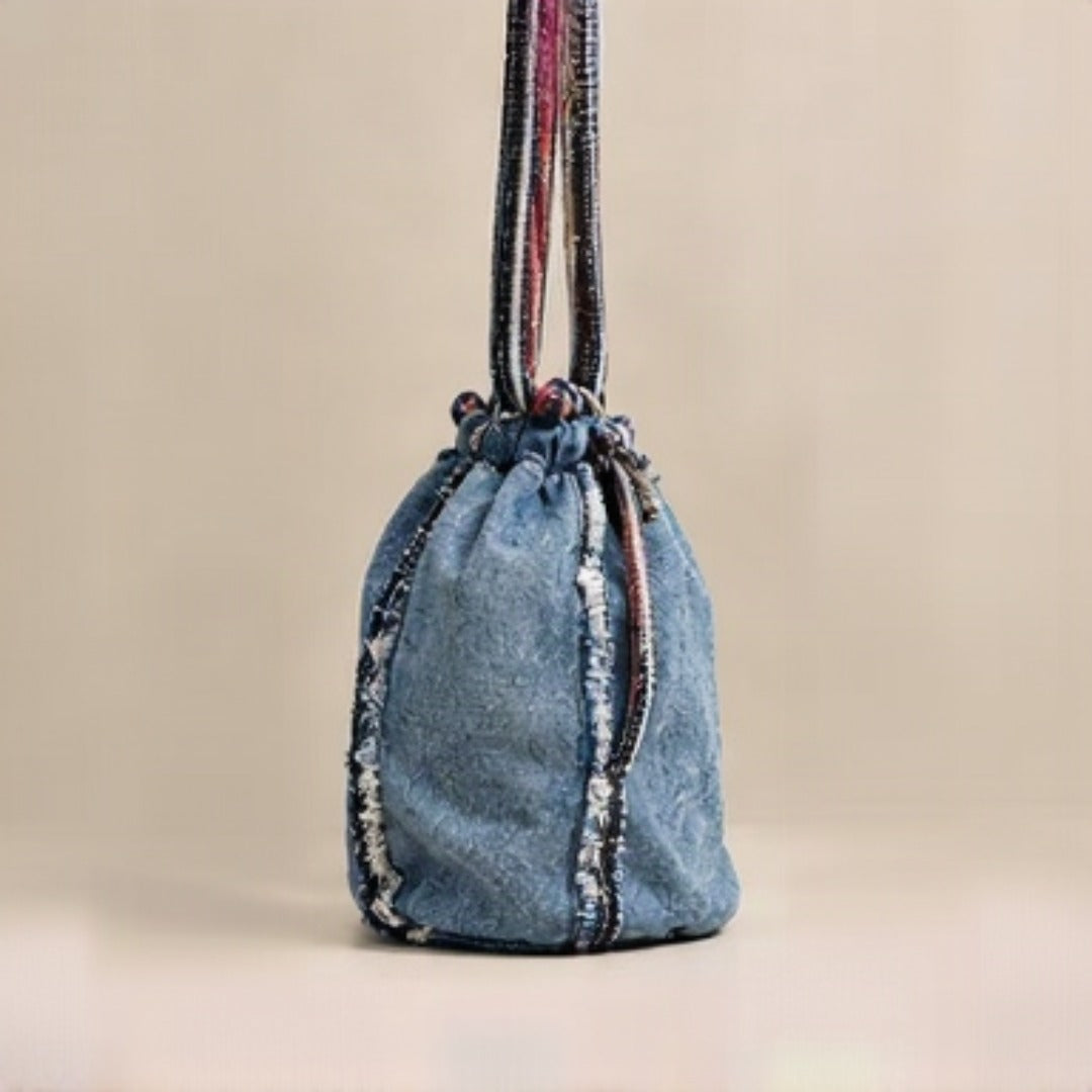Nerakcos Denim Drawstring Bag - Interior with zip pocket