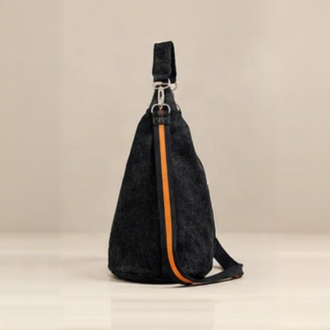 Nerakcos Black Denim Sport Bucket Bag - back view, clean silhouette
