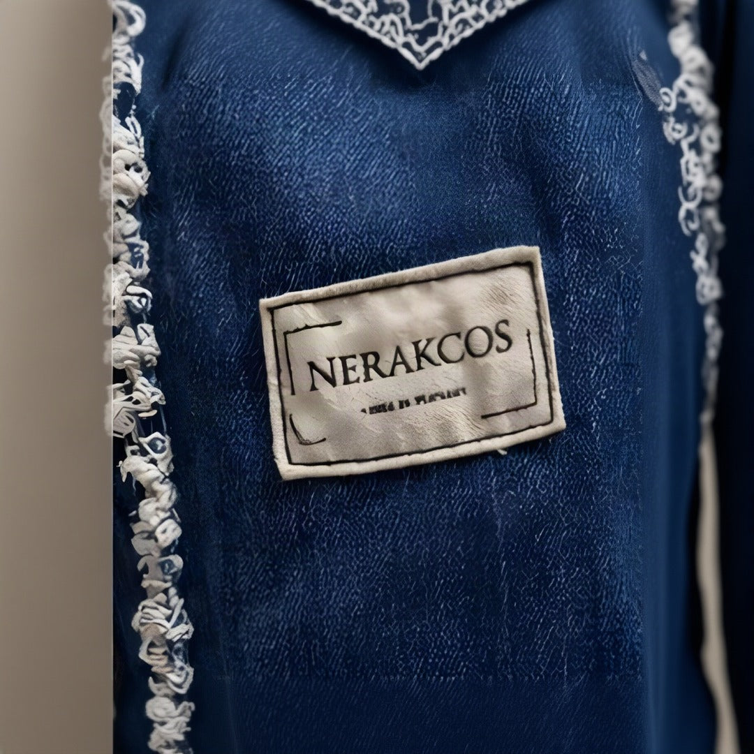 Side view of Nerakcos denim bucket bag with adjustable strap
