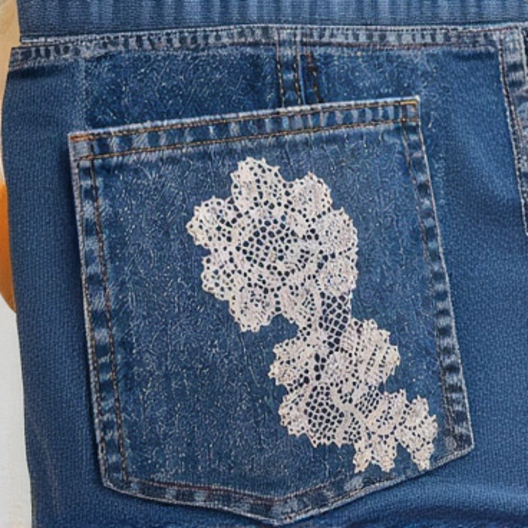 Nerakcos Lace Tote Bag - handle close-up showing rolled denim construction