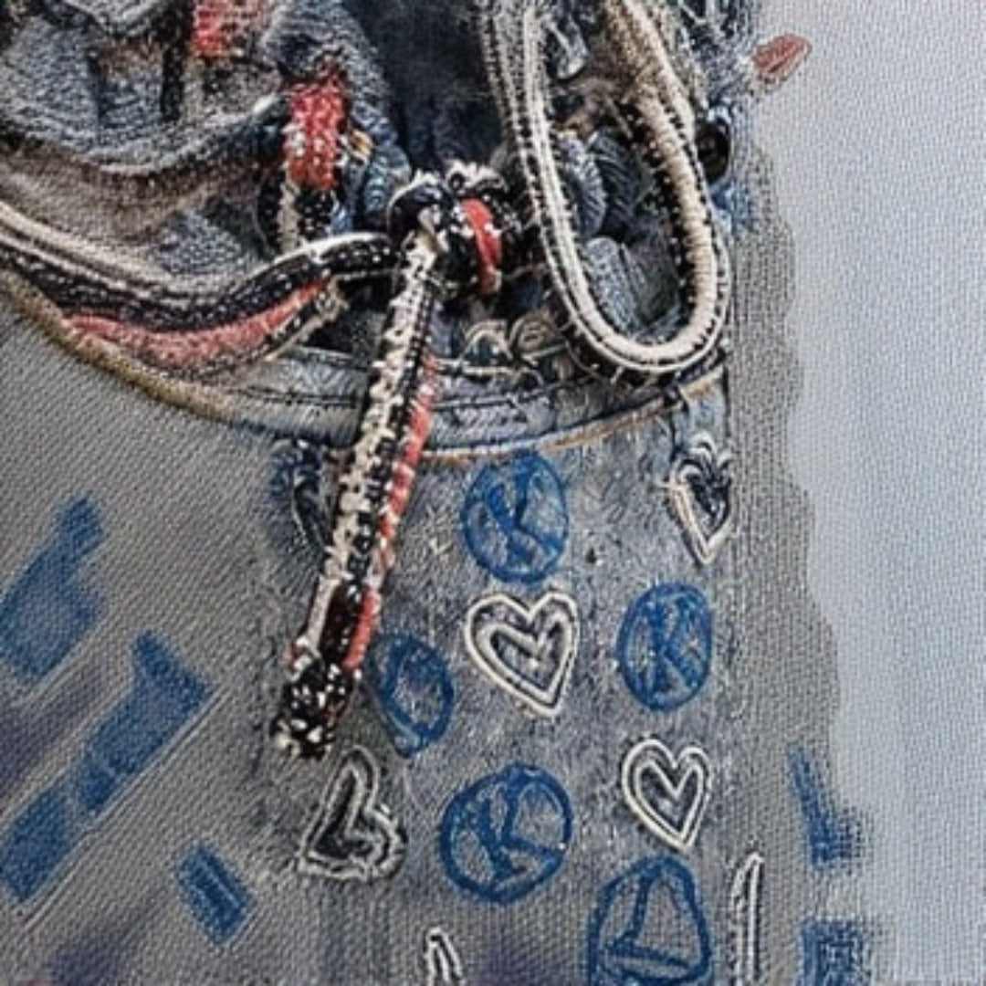Close-up of peace signs and heart embroidery detail