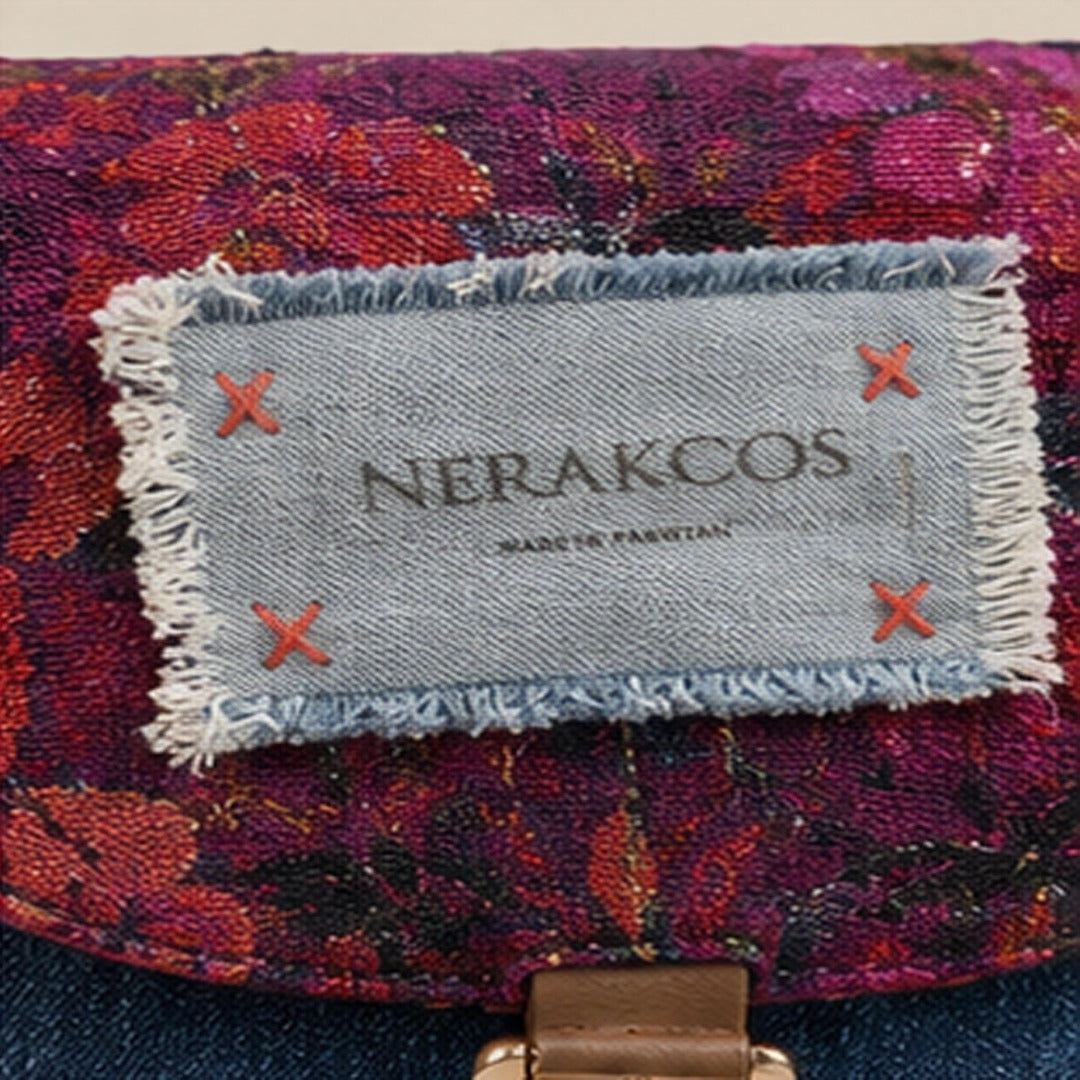 Close-up of floral brocade flap texture with lurex thread shimmer detail