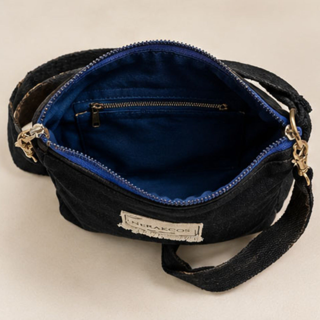 Side profile view showing slim rectangular silhouette and blue zip trim detail