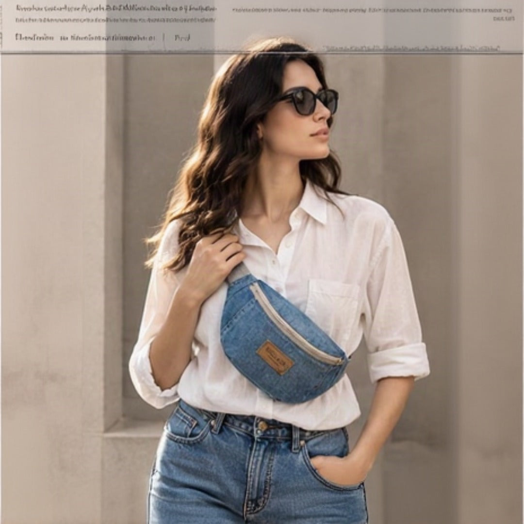 Lifestyle - model wearing Nerakcos Denim Belt Bag as fanny pack at waist with white shirt and jeans