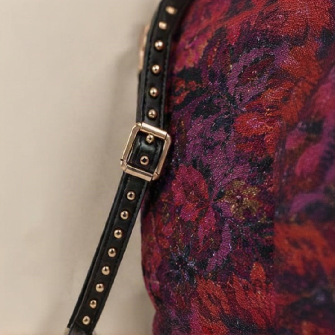 Nerakcos Floral Brocade Saddle Bag - back view showing denim body and strap attachment