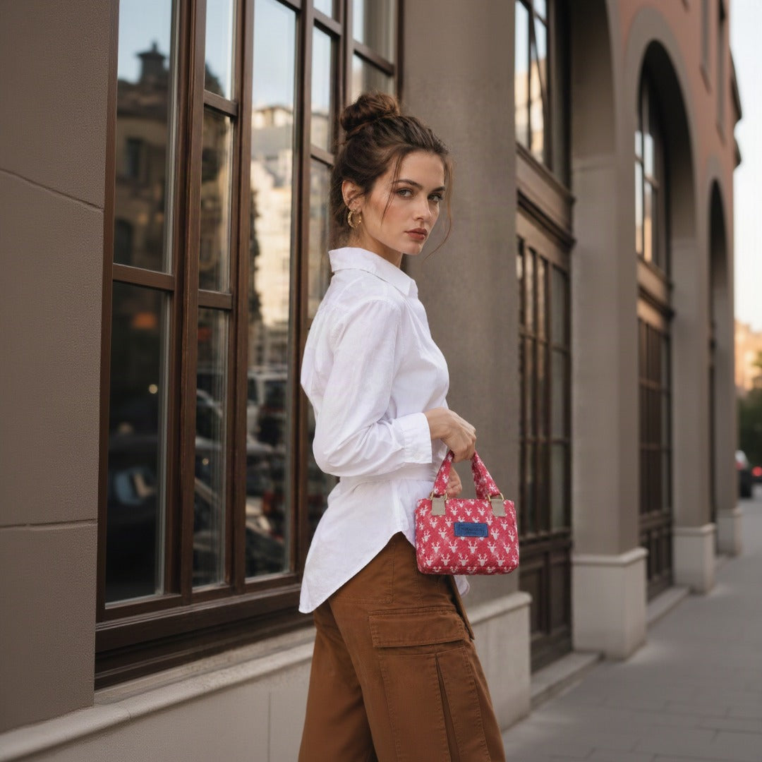 Lifestyle - model carrying Nerakcos Pink Reindeer Mini Bag on city street at golden hour