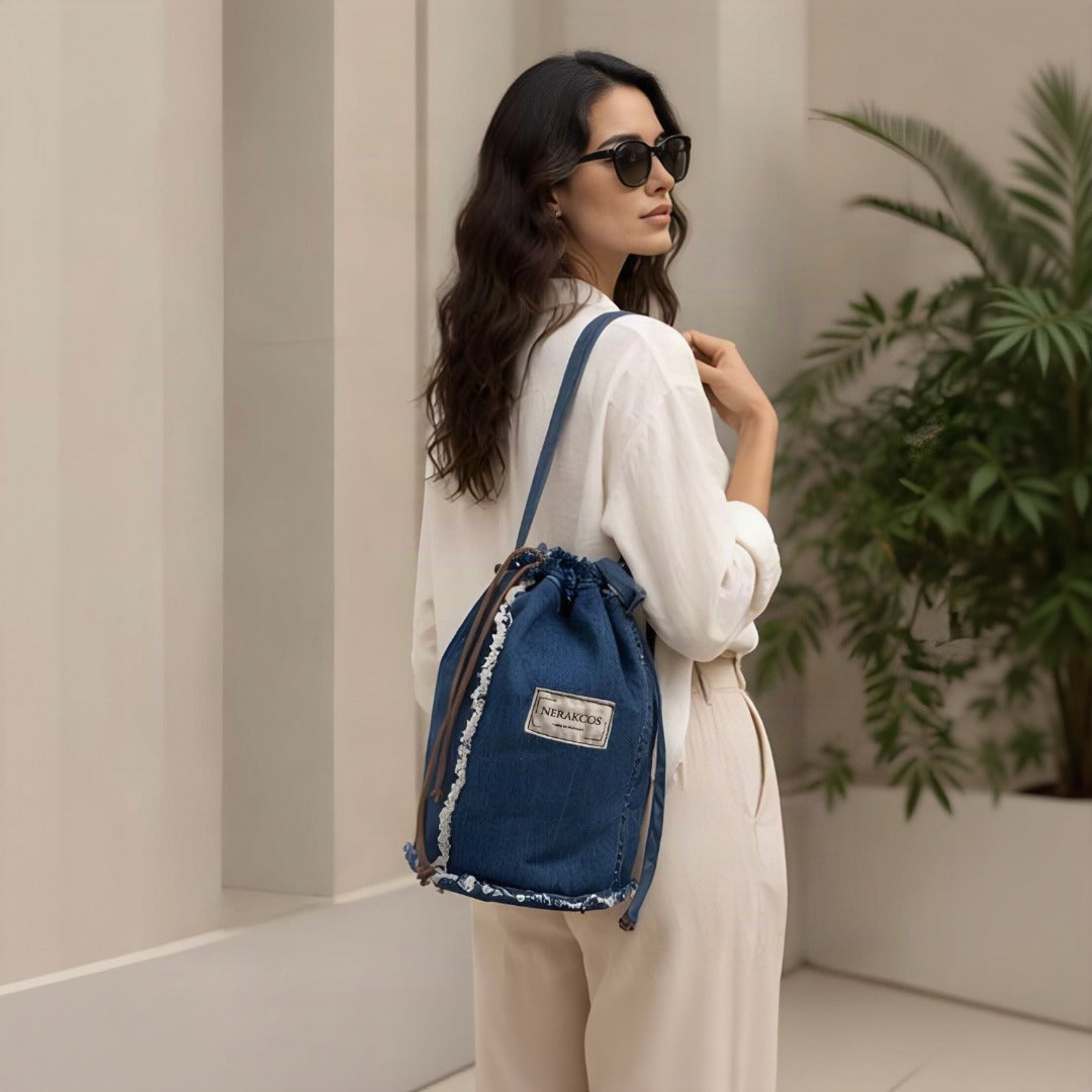 Full product shot of Nerakcos denim bucket bag