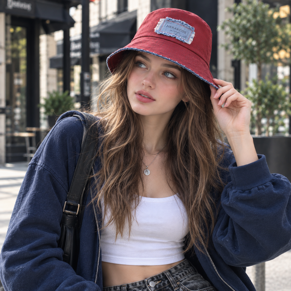 Upcycled Burgundy Denim Bucket Hat - detail close-up