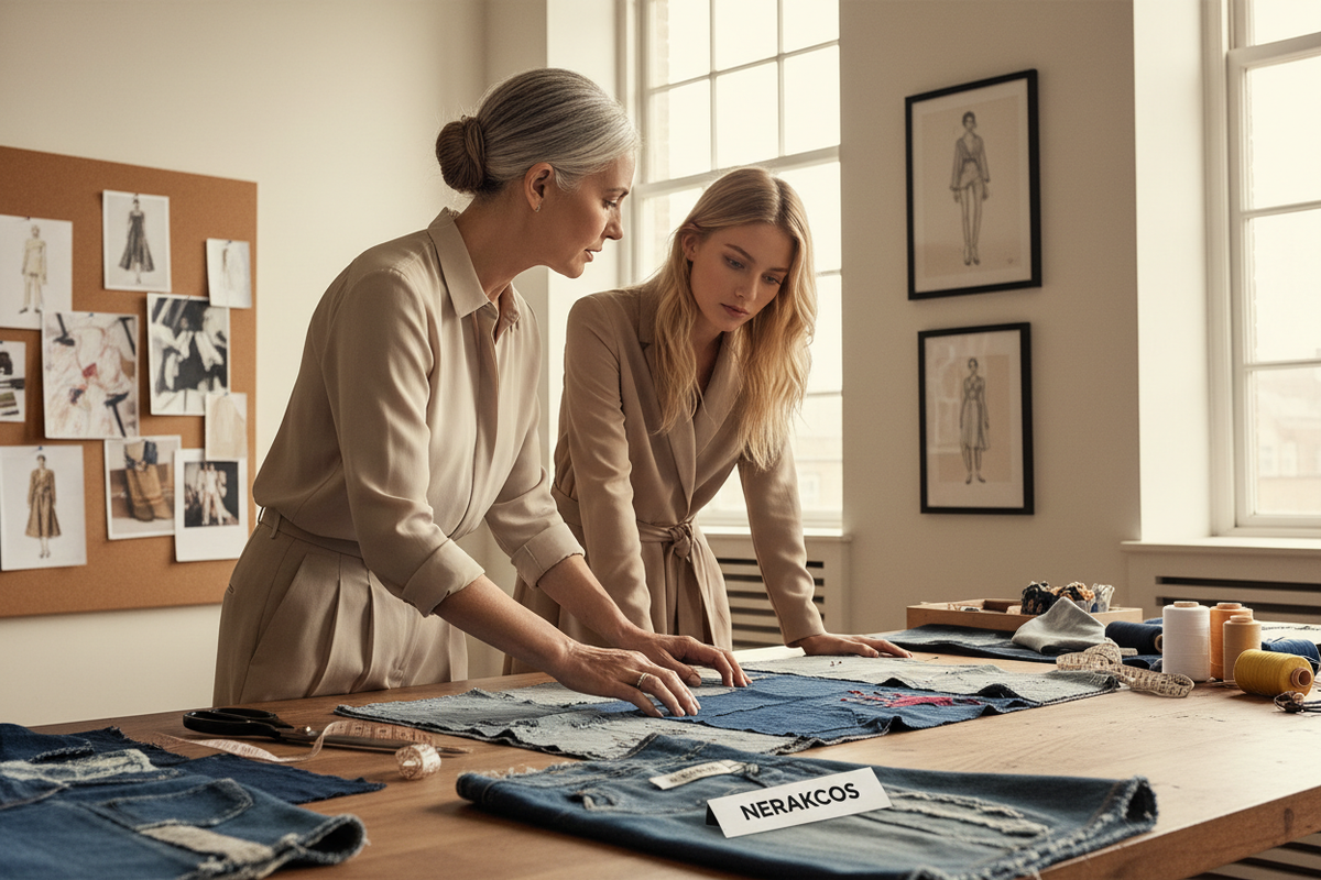 NERAKCOS Fashion Course - Teacher and student working with upcycled denim fabric in studio